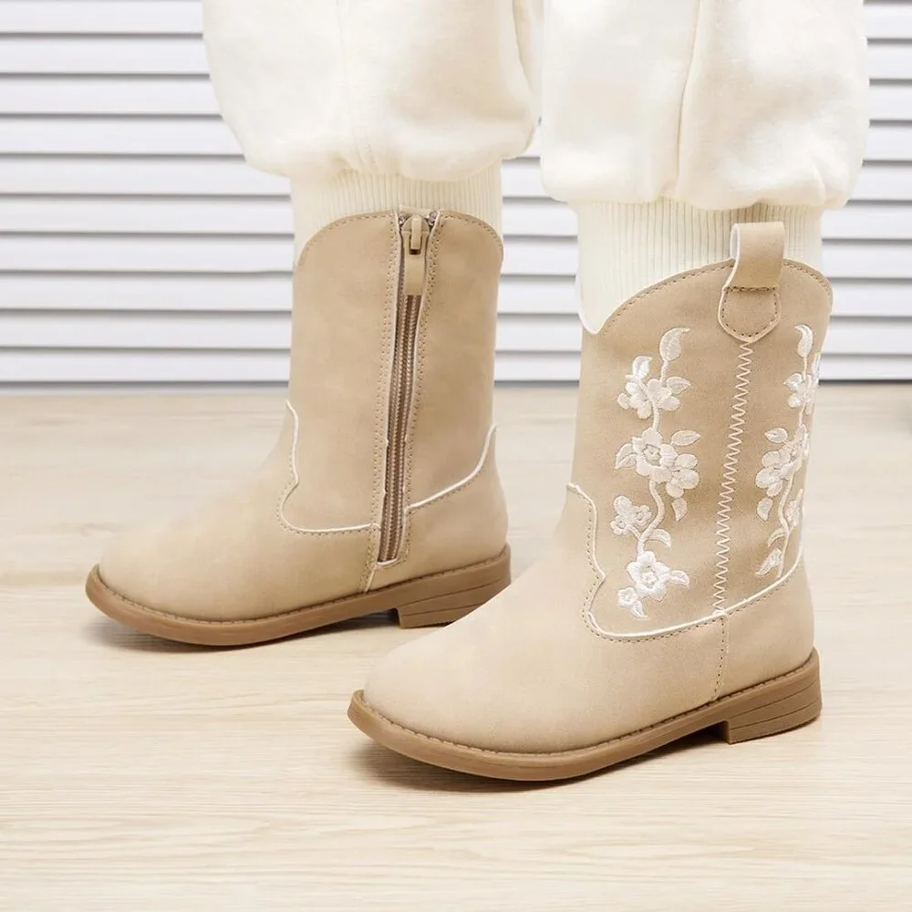 ⚡Girls 4-Camel Microfiber Little Kids Mid Calf Western Pointed Toe Riding Boots